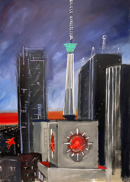 Night-time skyline scene of the Mercantile Clock Tower.